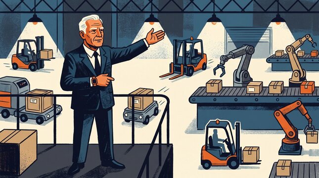 Senior executive directing automated logistics warehouse with robots vector illustration
