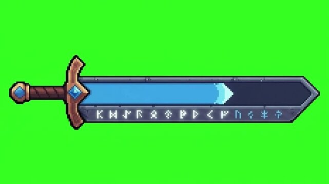 Retro pixel art magic sword loading bar animation with glowing blue energy and runes on a green screen background