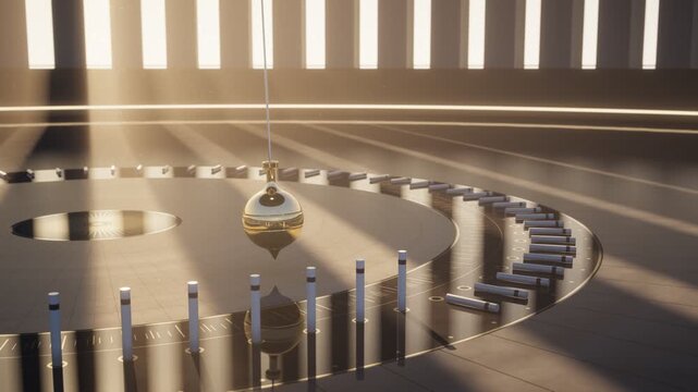 Foucault Pendulum Swinging in Great Hall with Heavy Brass Bob Knocking Pegs Seamless Loop 4K Animation