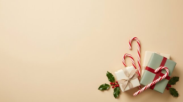 A serene and festive christmas scene featuring elegantly wrapped gifts candy canes and subtle evergreen accents evoking warmth and holiday cheer