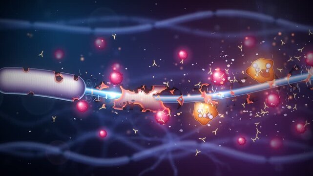 Multiple sclerosis myelin sheath damage and demyelination with immune cells attacking nerve axon