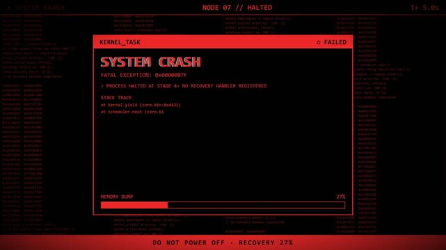 Red Kernel Panic Fatal Exception System Crash Stack Trace Screen.