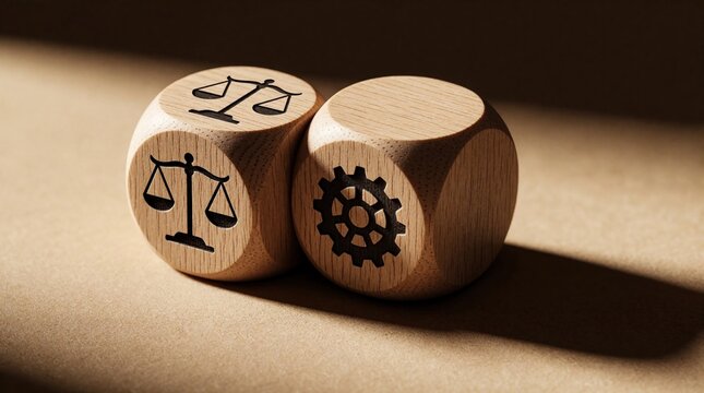Two wooden dice touch on brown surface. One die shows scales of justice icon. Die shows gear symbol. Concept of legal tech, law automation, balancing justice with industry, mechanical processes in