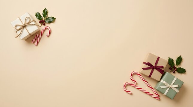 A beautifully minimalistic christmas scene featuring elegantly wrapped gifts with ribbons and foliage perfect for holiday greetings and festive designs
