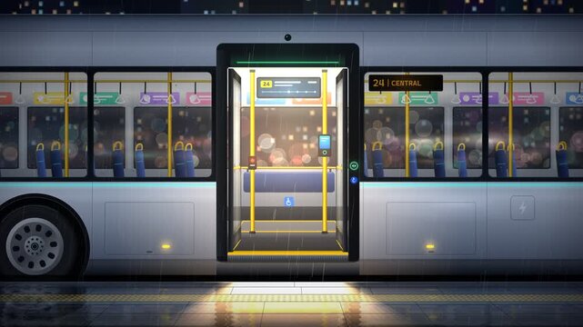 Modern City Bus Doors Opening And Closing At Night In Rain Animation