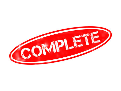 Red oval rubber stamp with the word complete written in white distressed capital letters isolated on a black background, for business concepts isolated on a transparent background