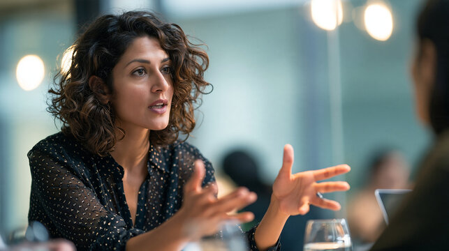 An HR advisor conducting a probation period review with an employee, medium shot at a desk, calm expressions, glass office blurred, realistic candid photo