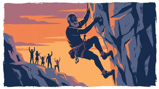 Senior man rock climbing cliff face vector illustration at sunset with supporters
