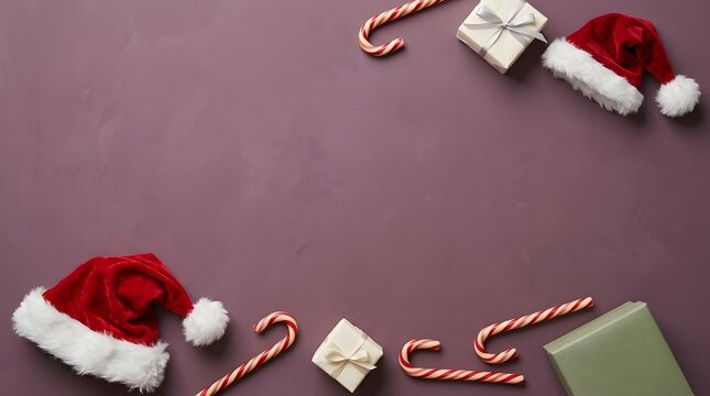 A festive christmas flat lay featuring santa hats candy canes and gift boxes perfect for holiday greetings and seasonal celebrations
