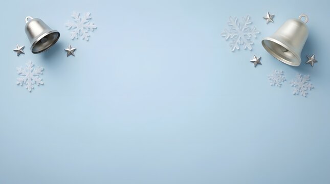 A serene and festive christmas scene featuring delicate silver bells and a charming candy cane against a soft light blue backdrop evoking