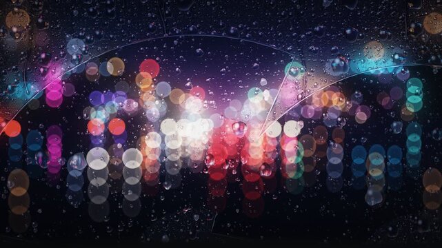 Raindrops falling on a car windshield with wipers clearing glass against city bokeh lights