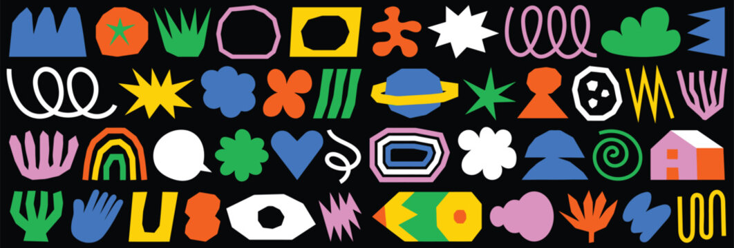 Colorful abstract geometric doodle collection featuring stars, flowers, arches, zigzags, spirals, blobs, shapes, and playful symbols. Bold vector set for branding, posters, stickers, packaging, and cr