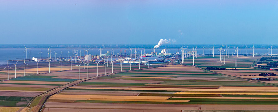 Aerial panorama of Eemshaven at sunset in the Netherlands