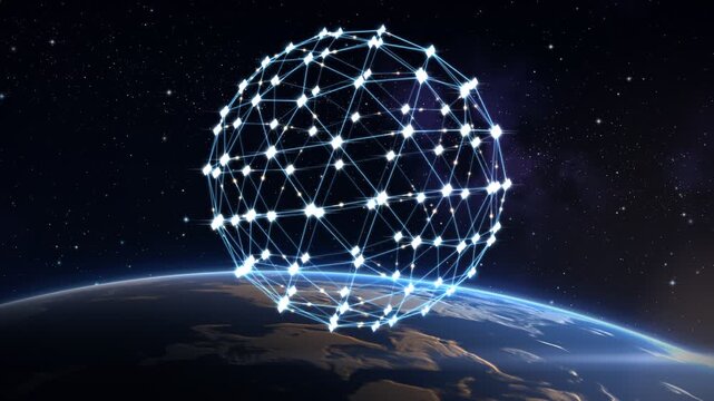 Satellite Swarm Flying in Precise Formation Holding Geometric Pattern Above Earth Seamless Loop
