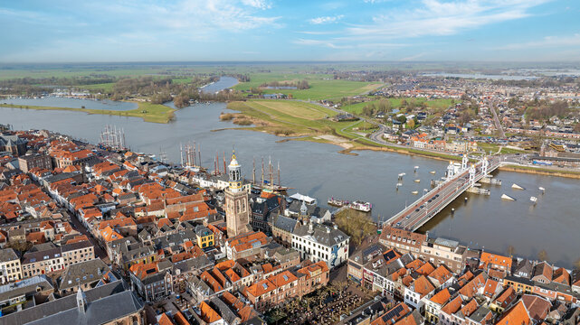 Aerial view of Kampen with the Bovenkerk and Stadsbrug over the IJssel in the Netherlands