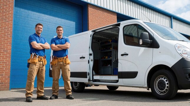 Two smiling male technicians in blue polo shirts, tan cargo pants stand by white service van. Professional repairmen wear tool belts with equipment near industrial warehouse. Skilled workers pose