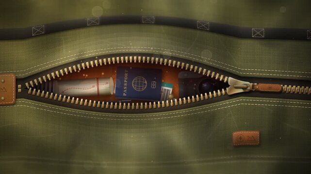 Green travel backpack zipper opening to reveal passport map and camera animation