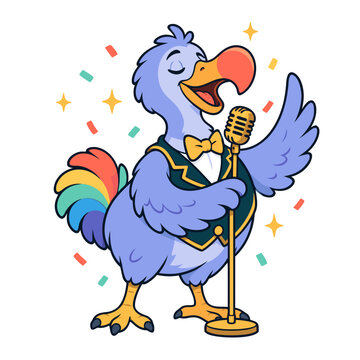 Dodo bird crooner singing into a vintage microphone, New Year party cartoon vector