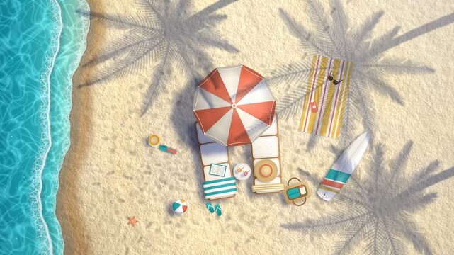 top view tropical beach with lounge chairs umbrella and ocean waves