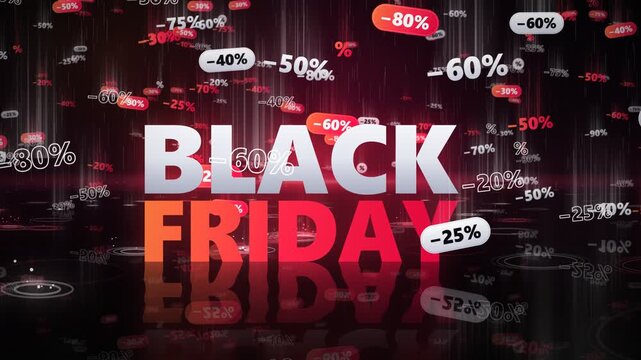 Black Friday rain of discount percentages falling on glossy reflective floor with ripples