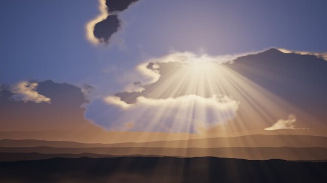 Golden sunlight rays breaking through drifting clouds over misty mountain ridges seamless loop
