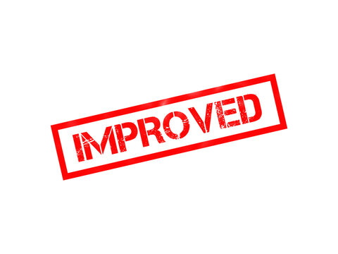 Red rubber stamp with the word improved in a rectangular frame, isolated on a black background, grunge style text for product updates or news isolated on a transparent background