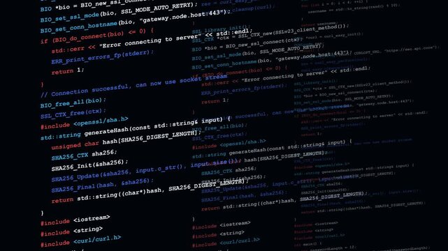 Network Security and Cryptography Source Code Scrolling on Dark Terminal Screen