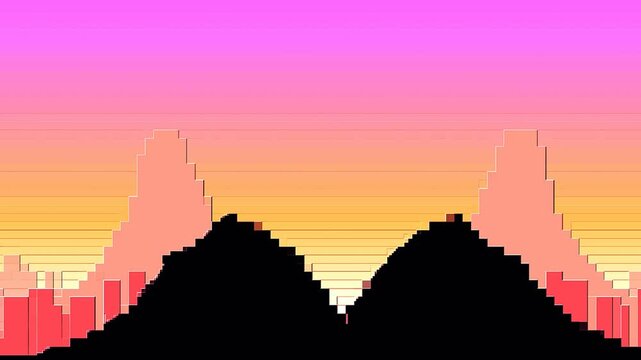 game retro synthwave sunset, gradient with pixelated black mountain silhouette, and blocky city skyline animation 4k.