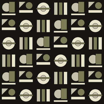 Olive green geometric pattern uses constructivist shapes on a black.