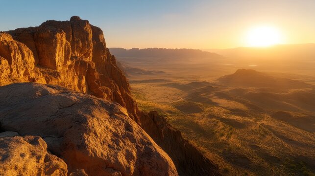 Desert Sunrise Panorama: A breathtaking vista of a desert landscape unfolds as the golden sun rises over rugged rock formations and a vast, arid valley. The warm light illuminates the rugged terrain.