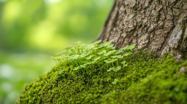 Forest Floor Harmony: Lush green moss carpets the base of a sturdy tree trunk, with tiny clover-like plants sprouting, creating a vibrant, miniature ecosystem in the dappled sunlight of the forest.