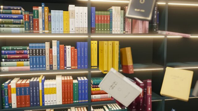 Magical bookshelf with levitating books stacking themselves automatically in library 4K loop
