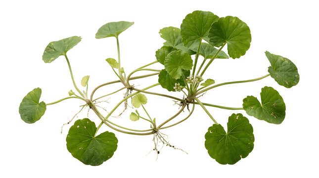 Fresh Centella asiatica plant with green leaves, gotu kola herb botanical specimen. Natural medicinal plant for skincare cosmetics and herbal medicine