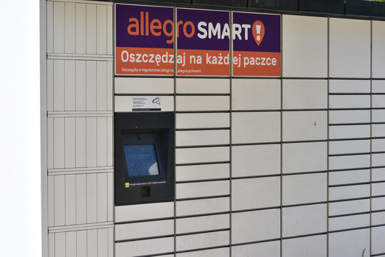 Allegro Smart, parcel lockers, automatic mailboxes of the popular Polish online e-commerce platform Allegro.pl. WARSAW, POLAND - JUNE 3, 2023