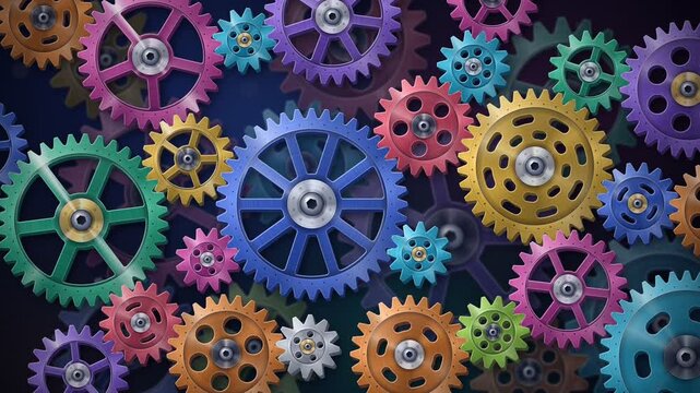 Colorful Interlocking Mechanical Gears Rotating Together In Seamless Industrial Loop