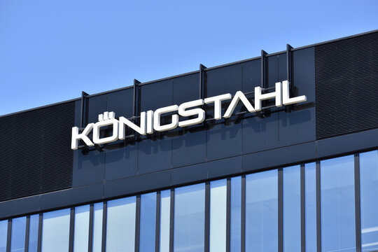 KONIGSTAHL company office with logo, signage on the facade, steel manufacturing. WARSAW, POLAND - JUNE 3, 2023