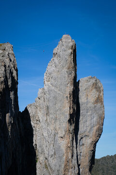 The two rock needles of the Aiguilles d'Ansabere seen from the col above Lescun, France