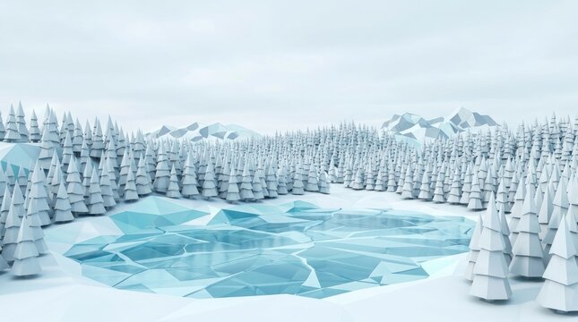 Winter low poly landscape with frozen lake and pines.