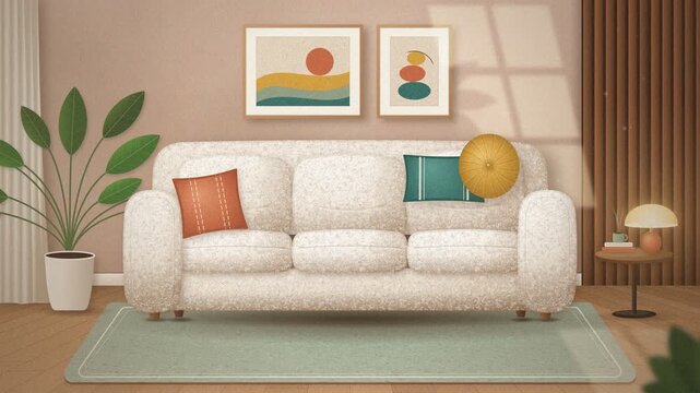 Cozy living room interior animation with bouncing sofa cushions and soft furniture seamless loop