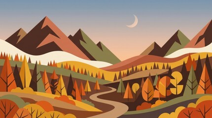 Fototapeta premium Autumn mountain road landscape at night with crescent moon.