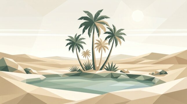 Desert oasis with palm trees and water low poly.