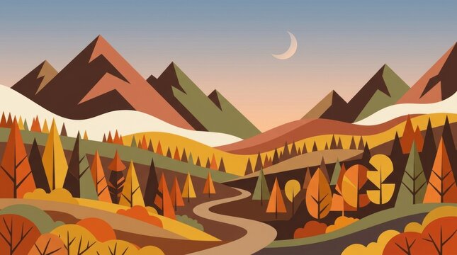 Autumn mountain road landscape at night with crescent moon.