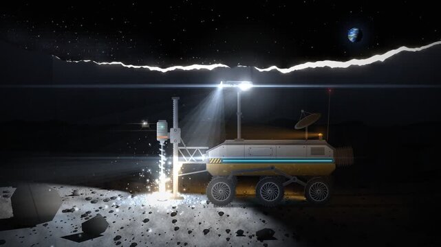 Ice mining rover with lights drilling frozen ground inside dark lunar crater in shadow