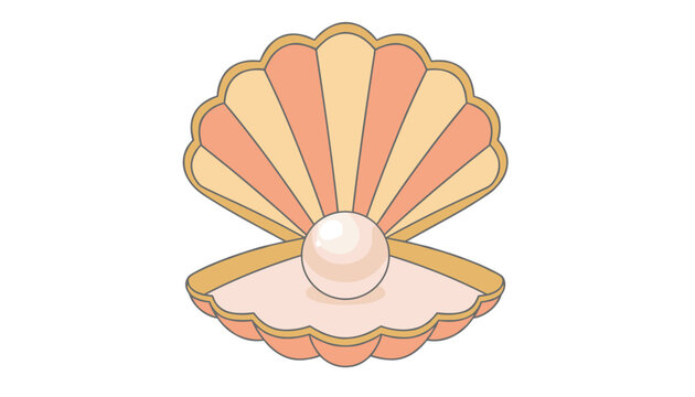 Open seashell reveals a glowing white pearl inside with pink and peach striped inner shell details.