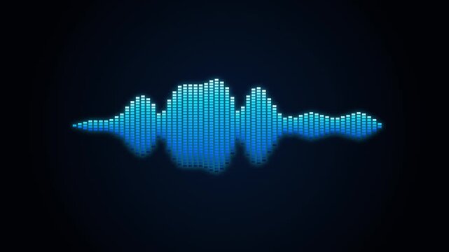 Futuristic blue digital audio equalizer motion graphic featuring glowing sound waves and data bars on a dark background