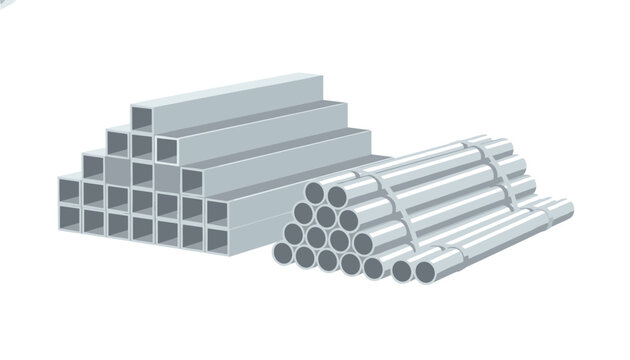 Stack of square metal tubing positioned beside a bundled stack of round steel pipes on a white background.