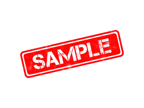 A red rectangular rubber stamp with the word sample written in a distressed white font, isolated on a solid black background, for office use isolated on a transparent background