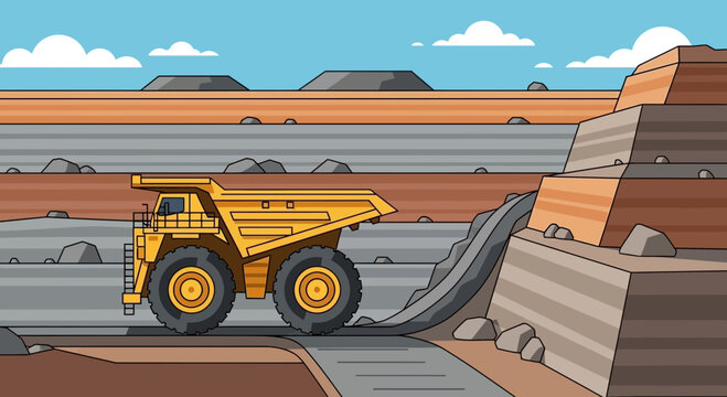 Heavy yellow haul truck operating in an open pit mine quarry, industrial mining machinery vector illustration.