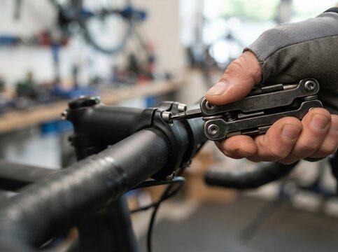 bike repair multi tool closeup Person using a multitool to repair a bicycle handlebar in a workshop