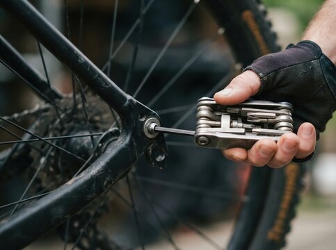 bike repair multi tool closeup Bicycle repair with multitool adjusting rear wheel in outdoor setting.